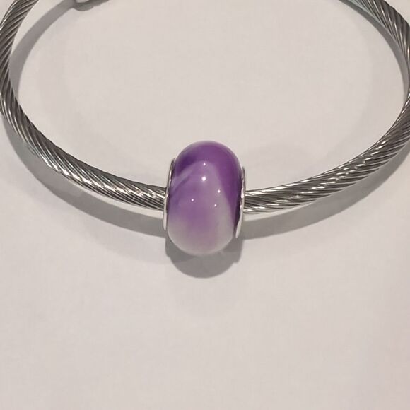 Silver Purple and White Blended Charm for Pandora Style Bracelet - Picture 4 of 6